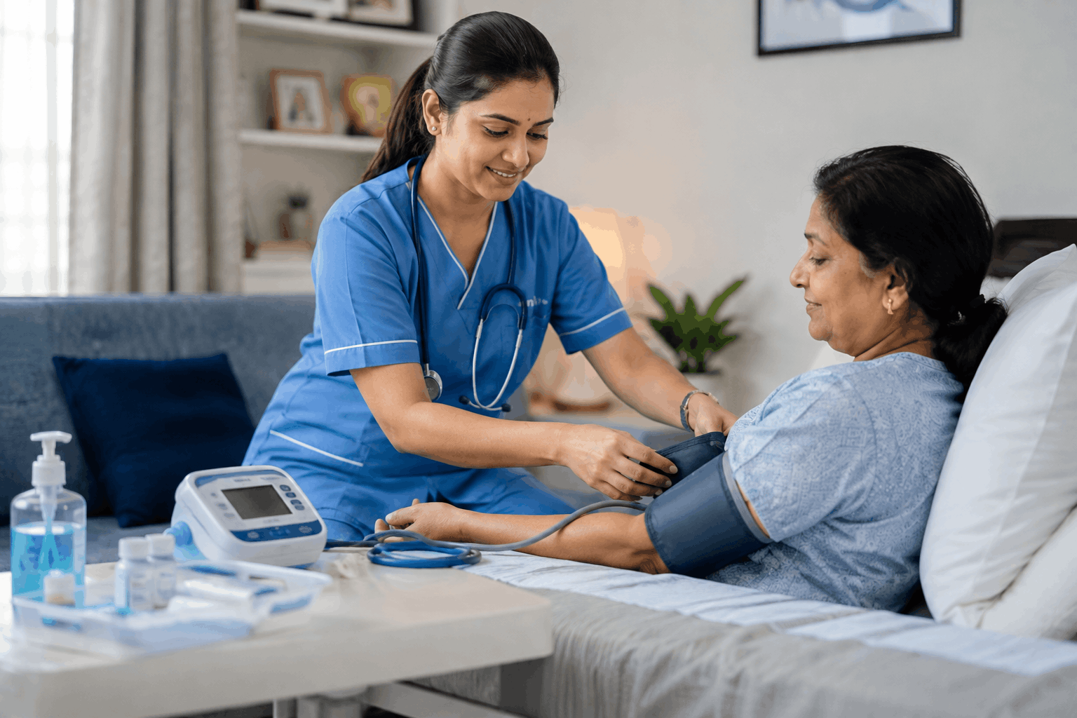 Trained ileostomy care nurse assisting patient at home