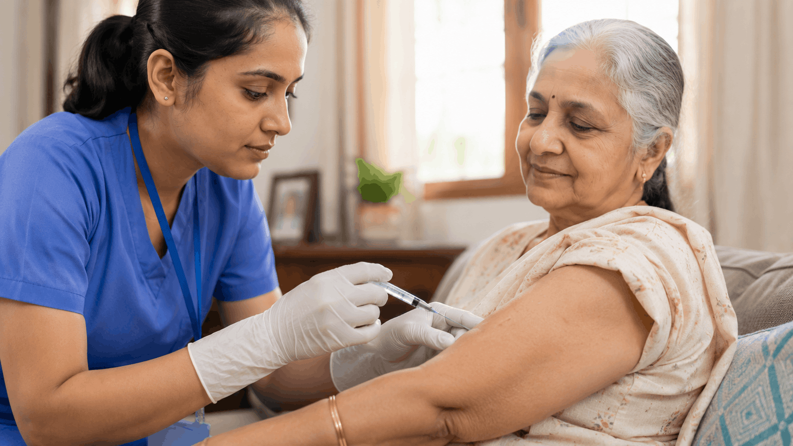 Trained nurse giving home injection service to elderly patient at home